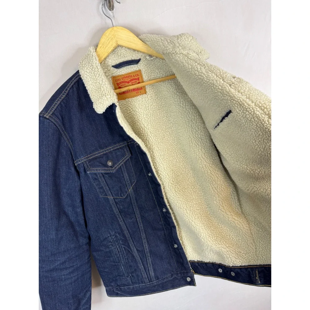 Levis Mens Type 3 Sherpa‎ Trucker Jacket Dark Wash Indigo Denim Large 16365-0075
